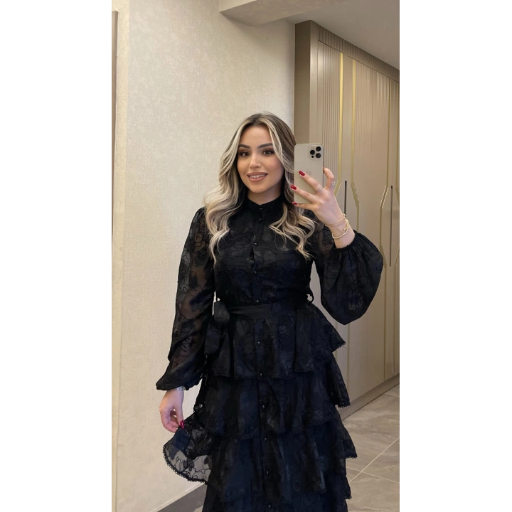 Siyah Katkatlı Nakışlı Elbise