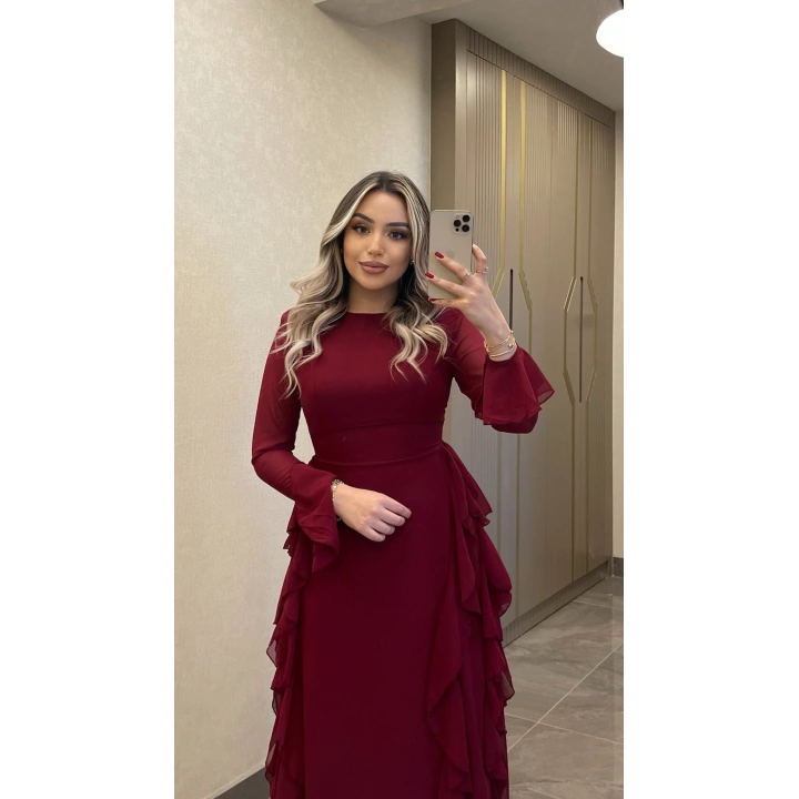 Bordo Volanlı Şifon Elbise