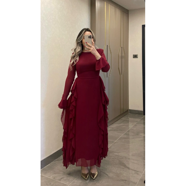 Bordo Volanlı Şifon Elbise