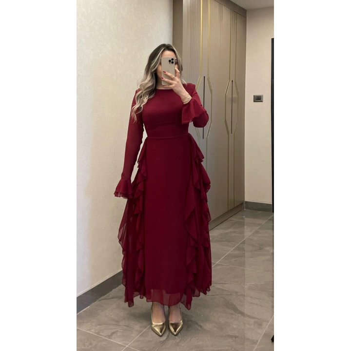 Bordo Volanlı Şifon Elbise