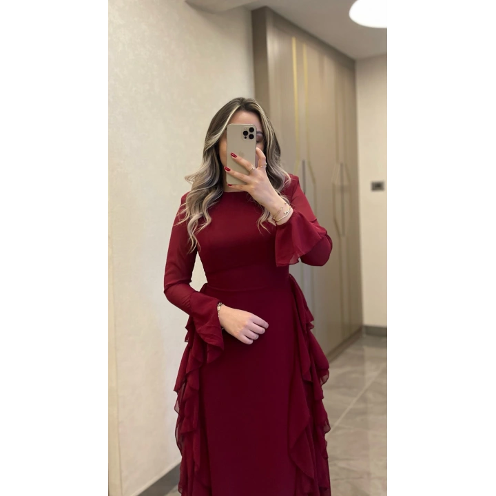 Bordo Volanlı Şifon Elbise