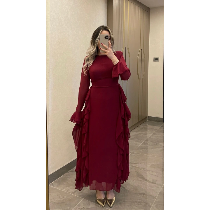 Bordo Volanlı Şifon Elbise