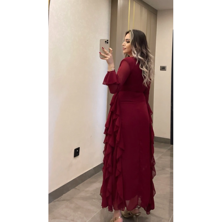 Bordo Volanlı Şifon Elbise