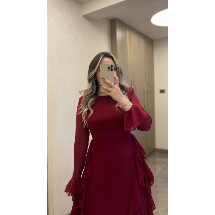 Bordo Volanlı Şifon Elbise