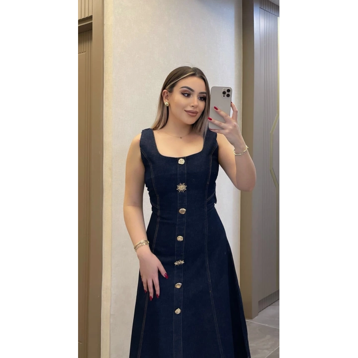 Süs Düğmeli Denim Elbise