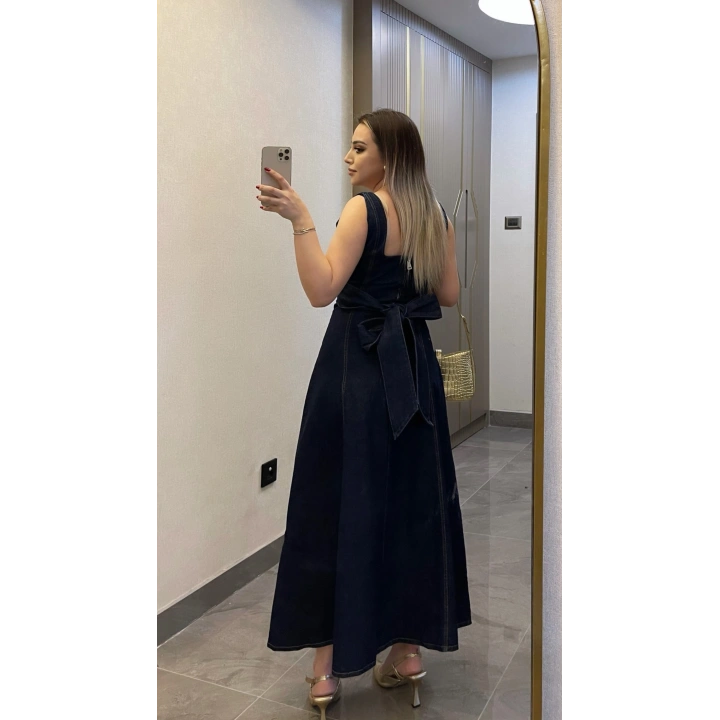 Süs Düğmeli Denim Elbise