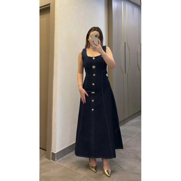 Süs Düğmeli Denim Elbise
