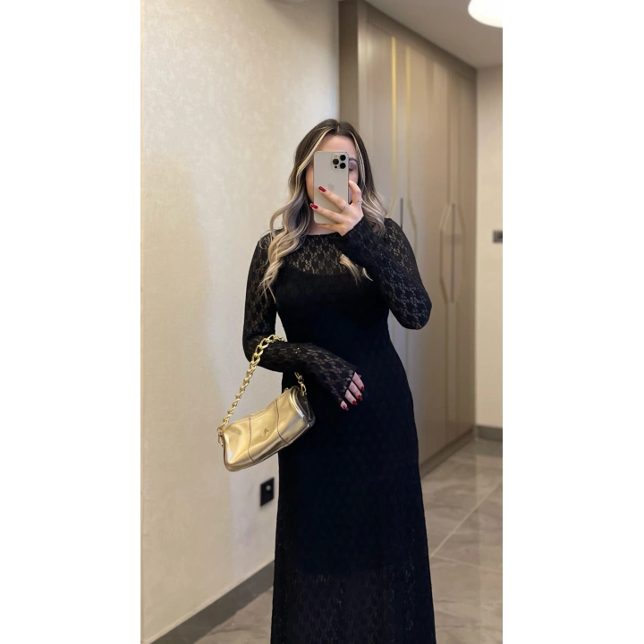 Dantelli Astarlı Siyah Maxi Boy Elbise