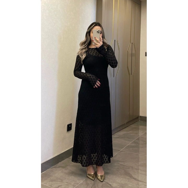 Dantelli Astarlı Siyah Maxi Boy Elbise