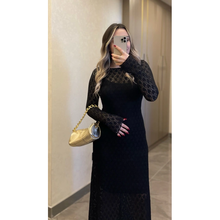 Dantelli Astarlı Siyah Maxi Boy Elbise