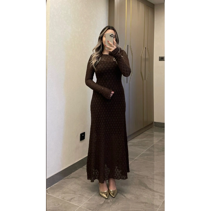 Dantelli Astarlı Acı Kahve Maxi Boy Elbise