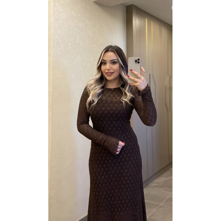Dantelli Astarlı Acı Kahve Maxi Boy Elbise