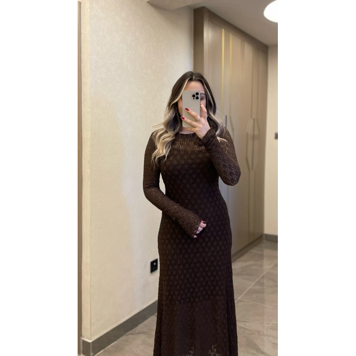 Dantelli Astarlı Acı Kahve Maxi Boy Elbise