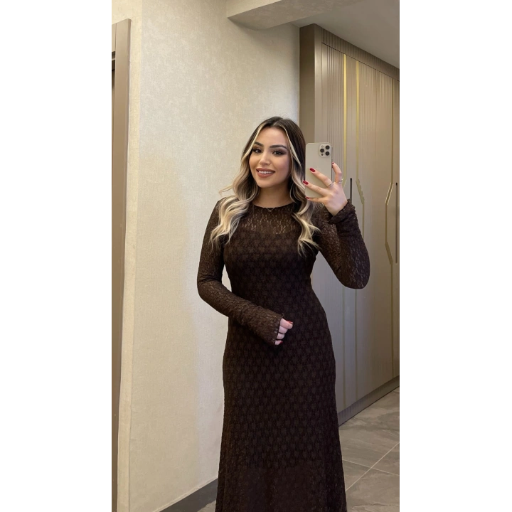 Dantelli Astarlı Acı Kahve Maxi Boy Elbise