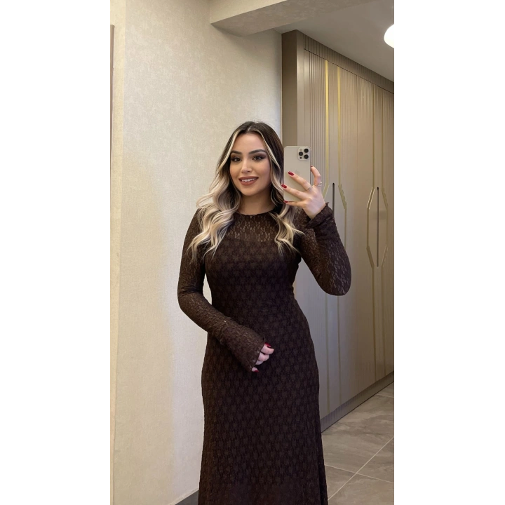 Dantelli Astarlı Acı Kahve Maxi Boy Elbise