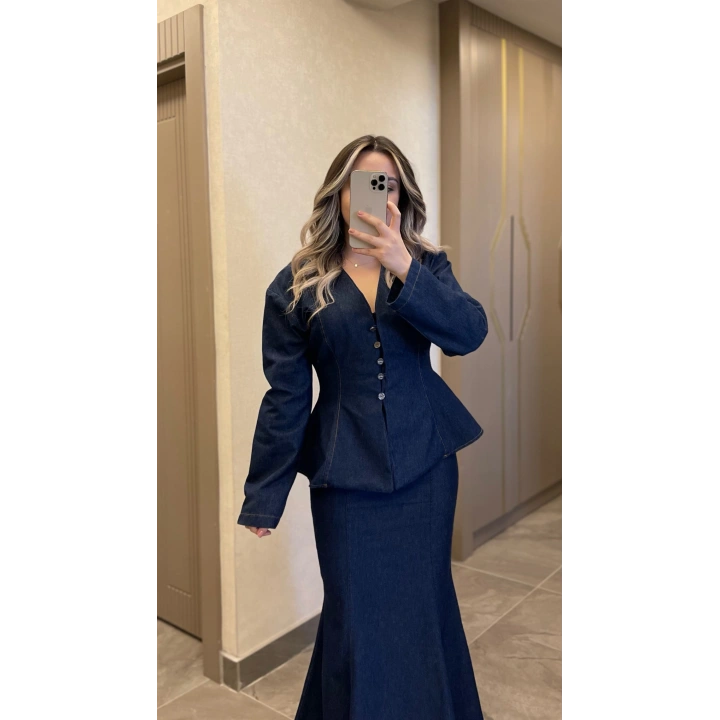 Balık Etek Gömlek Denim Takım