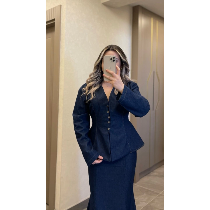 Balık Etek Gömlek Denim Takım