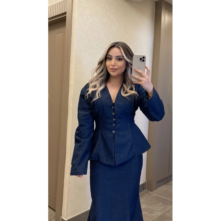 Balık Etek Gömlek Denim Takım