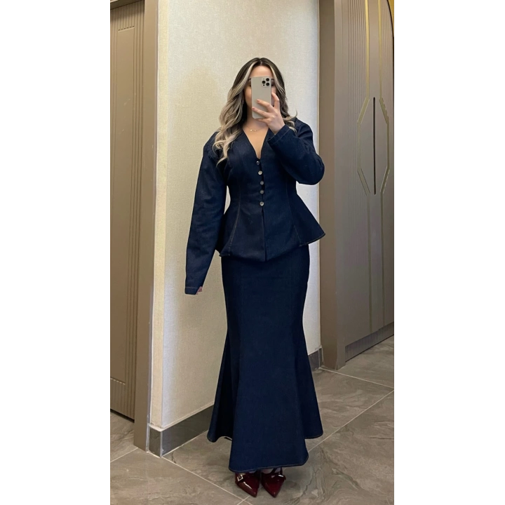 Balık Etek Gömlek Denim Takım