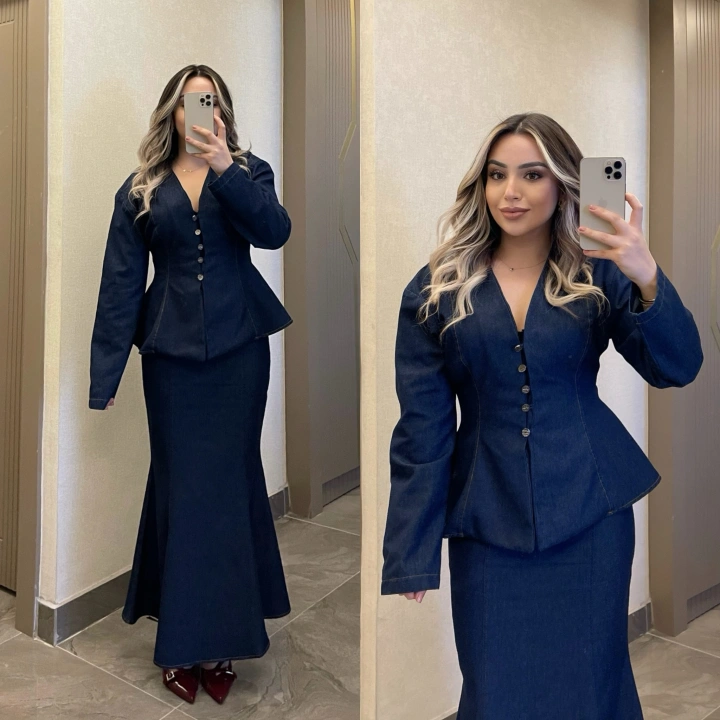 Balık Etek Gömlek Denim Takım