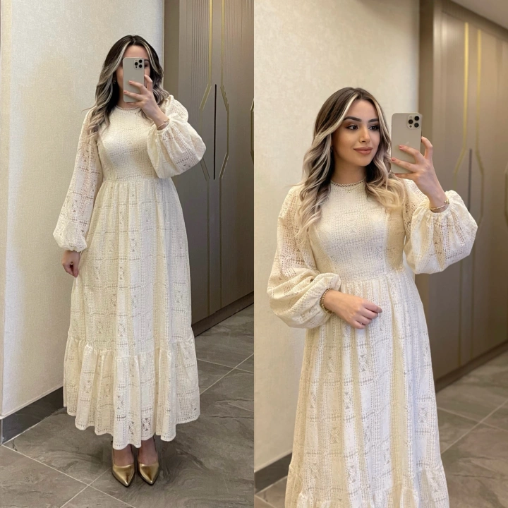 Ekru Dantel Elbise