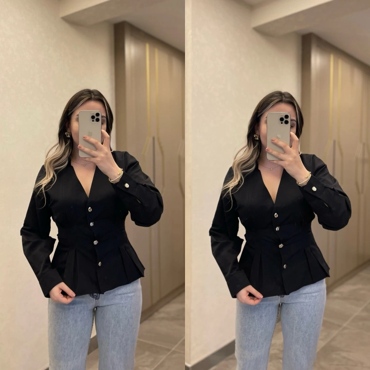 Belden Pileli Siyah Gömlek