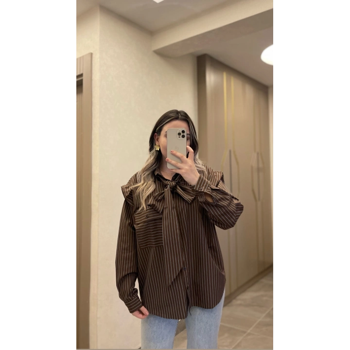 Fularlı Çizgili Gömlek Acı Kahve
