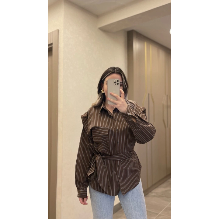 Fularlı Çizgili Gömlek Acı Kahve
