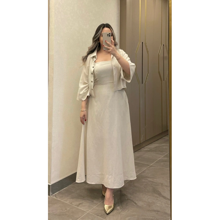 Keten Taş Rengi Elbise Ceket Takım