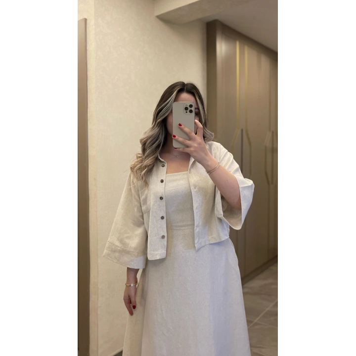 Keten Taş Rengi Elbise Ceket Takım