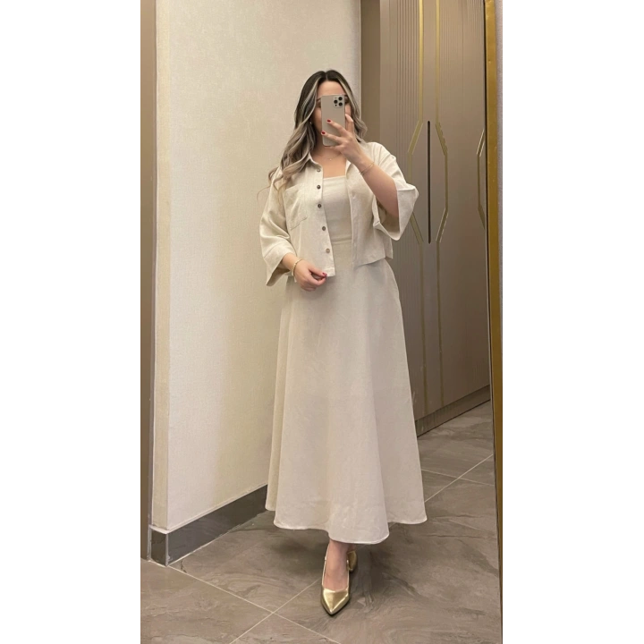 Keten Taş Rengi Elbise Ceket Takım