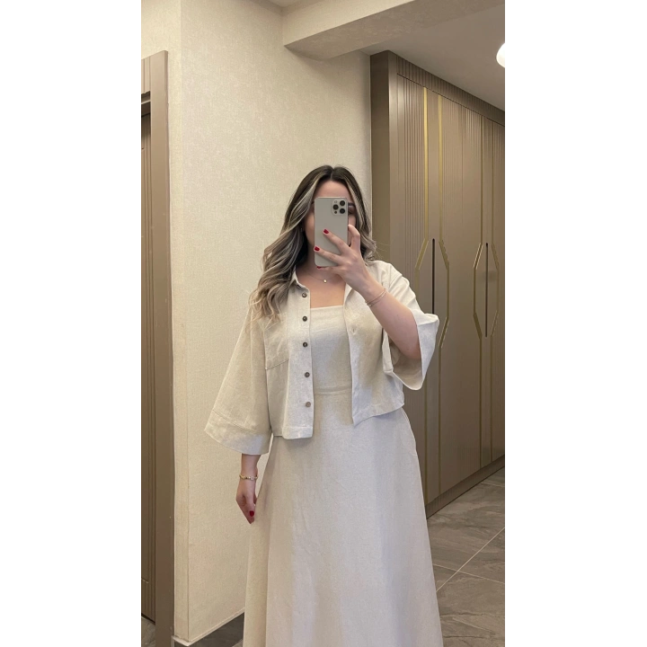 Keten Taş Rengi Elbise Ceket Takım