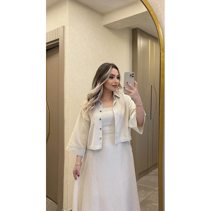 Keten Taş Rengi Elbise Ceket Takım