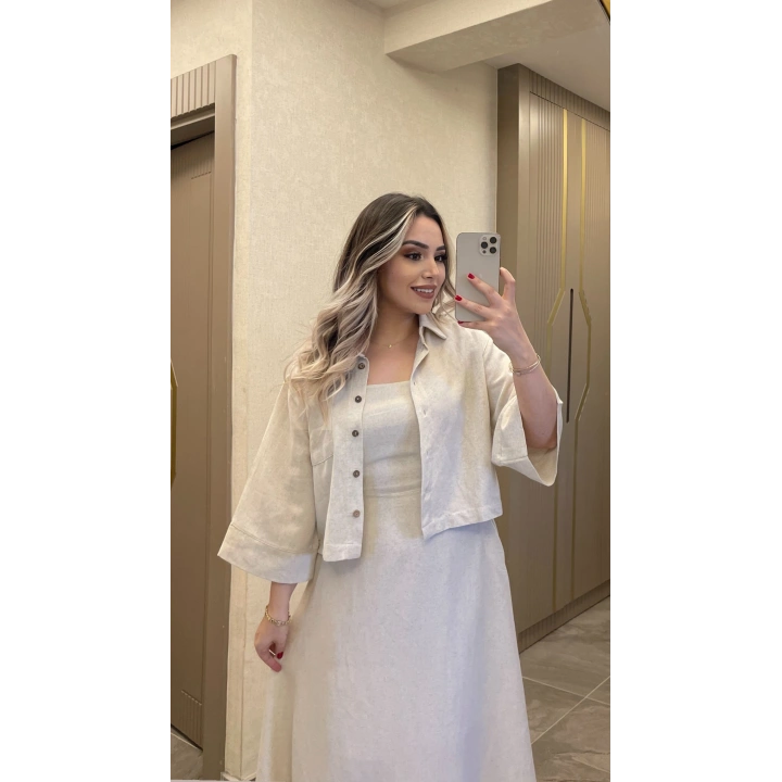 Keten Taş Rengi Elbise Ceket Takım