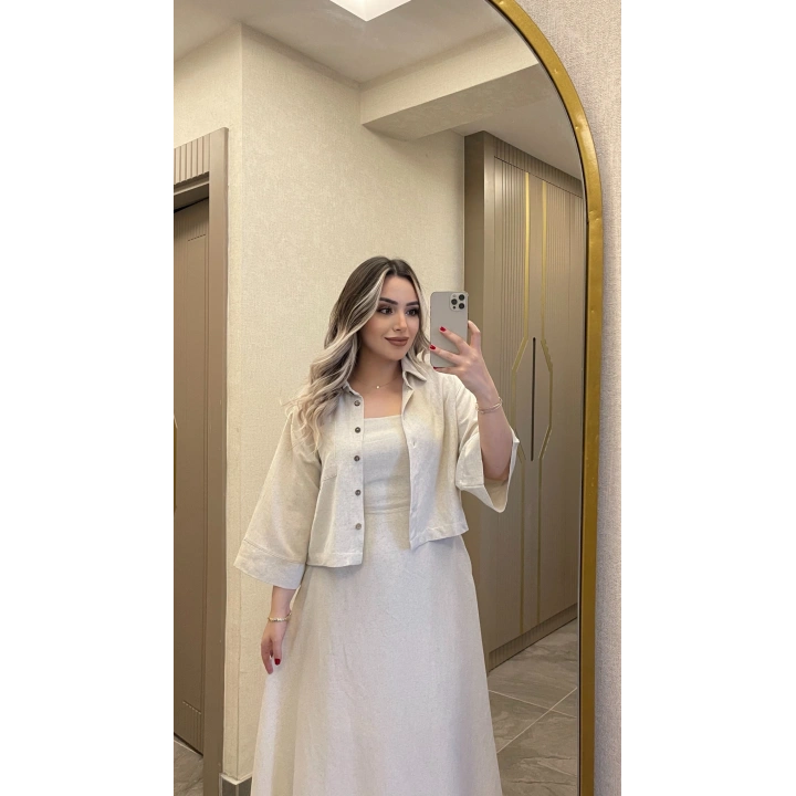 Keten Taş Rengi Elbise Ceket Takım