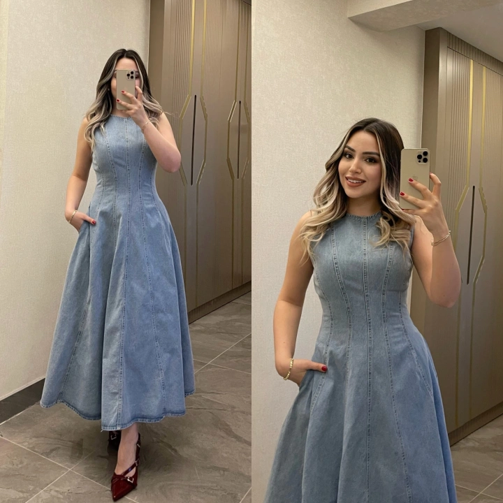 Buz Mavisi Denim Elbise