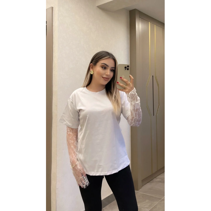 Kolu Dantelli Beyaz Tshirt