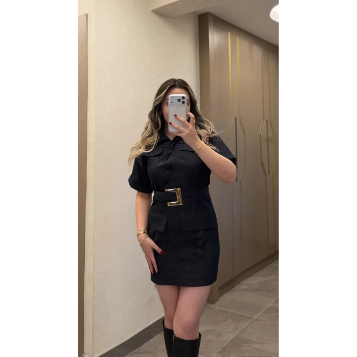 Lacivert Gold Kemer Detaylı Denim Elbise
