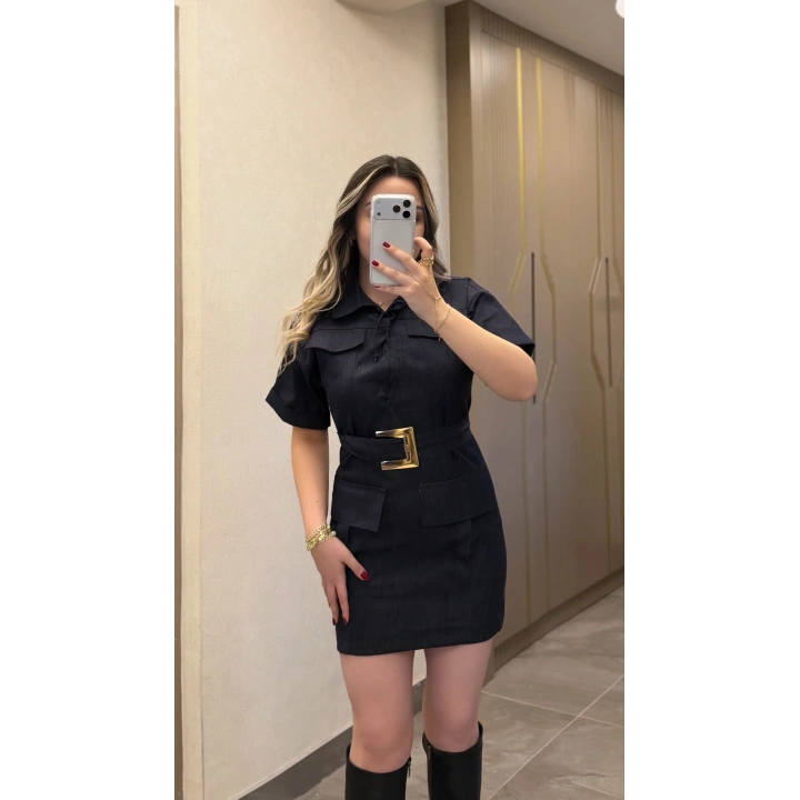 Lacivert Gold Kemer Detaylı Denim Elbise