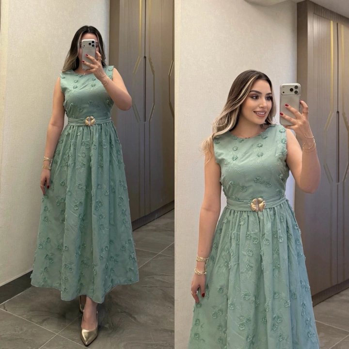 Kabartma Çiçekli Mint Elbise