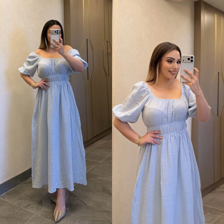 Bebe Mavi Yakası Büzgülü Müslin Elbise