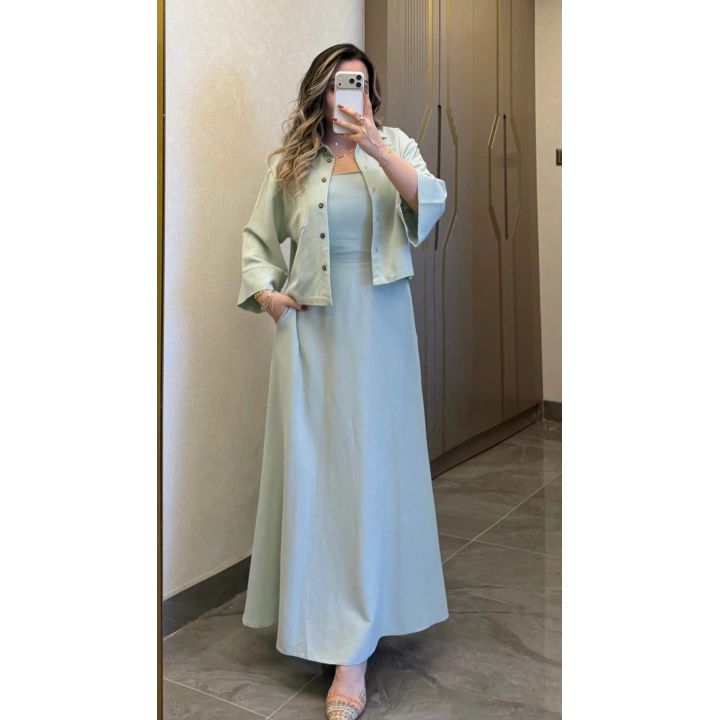 Mint Keten Elbise Ceket Takım