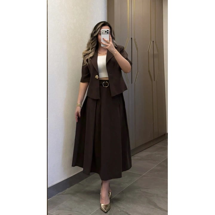 Acı Kahve Etek Blazer Ceket Takım
