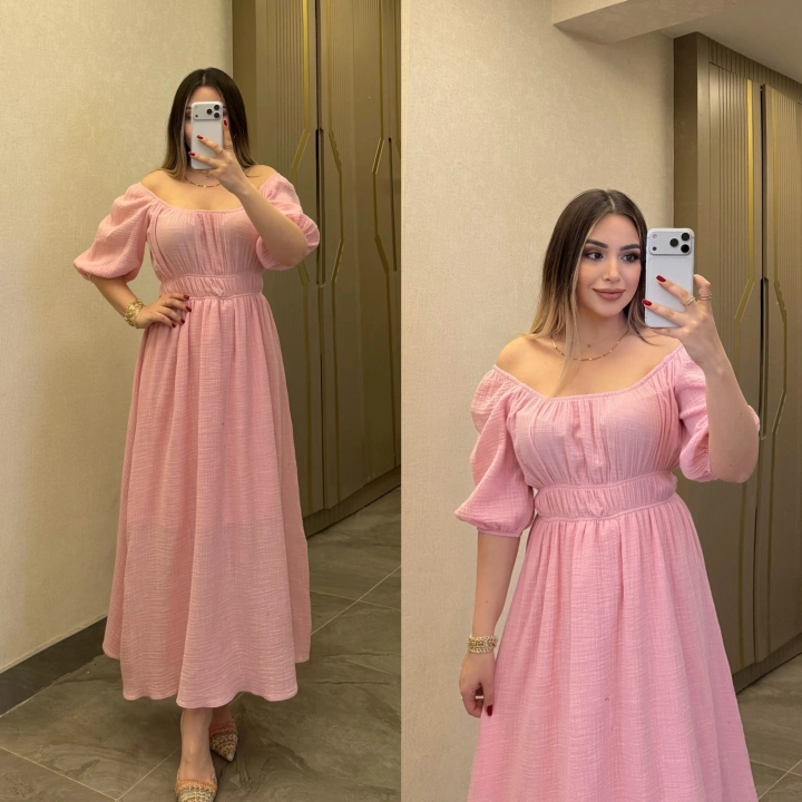 Pembe Yakası Büzgülü Müslin Elbise
