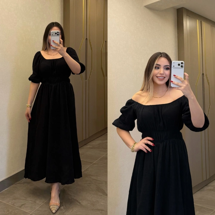 Siyah Yakası Büzgülü Müslin Elbise