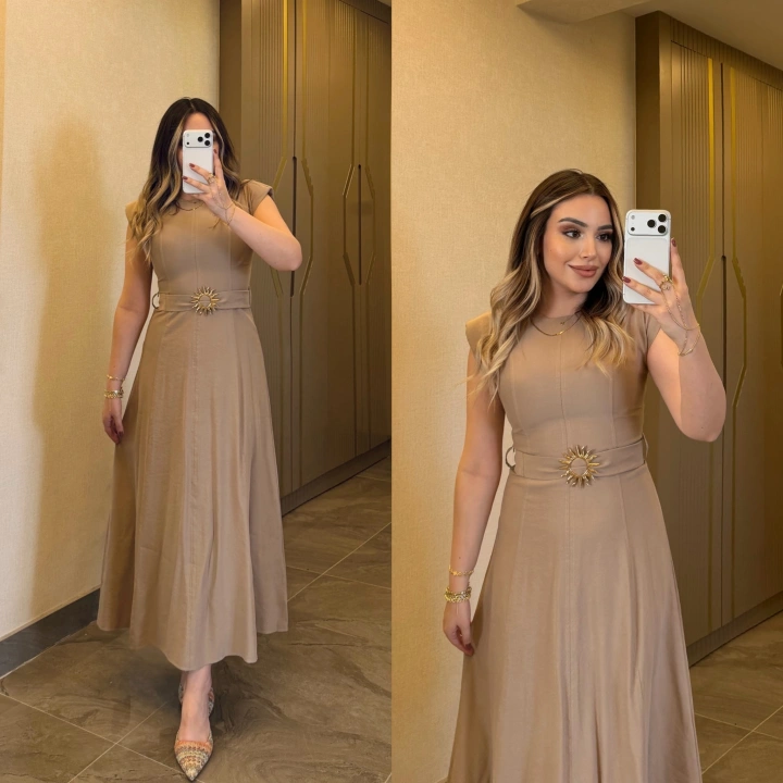 Bej Gold Kemerli Elbise