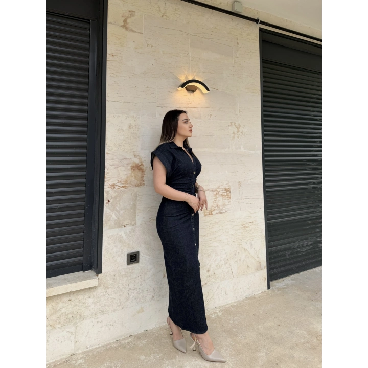 Koyu Mavi Denim Elbise