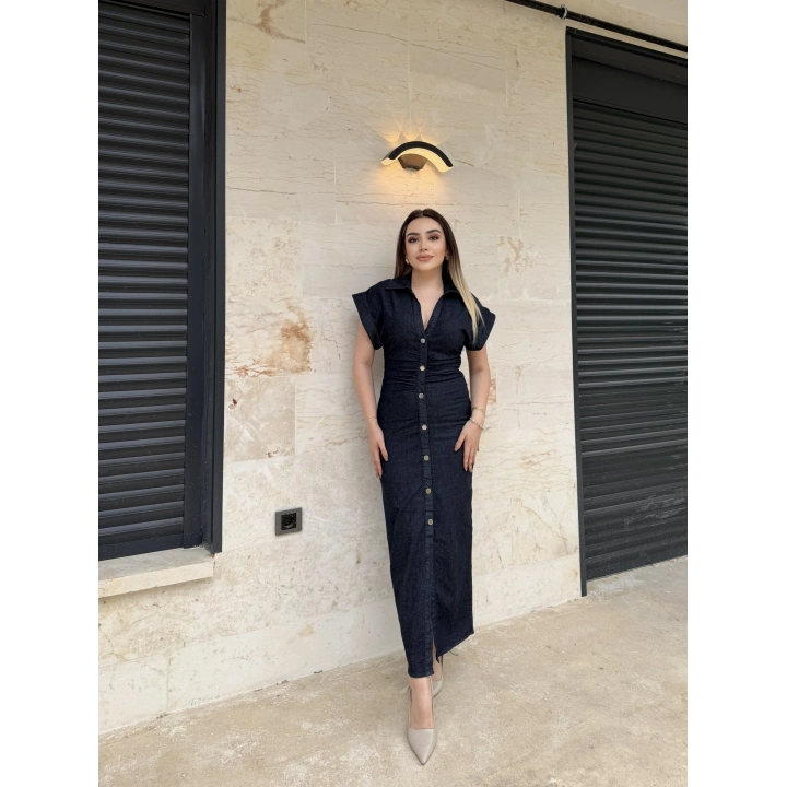 Koyu Mavi Denim Elbise