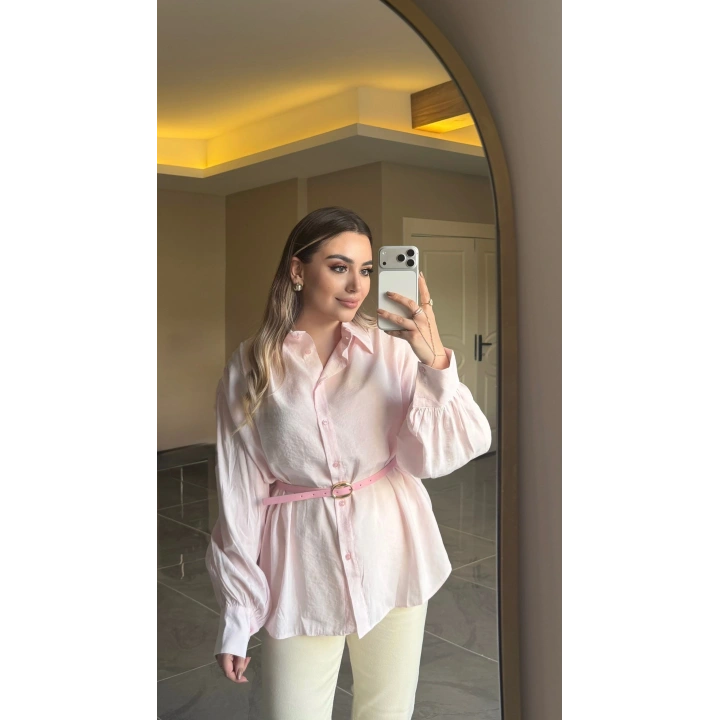 Toz Pembe Kemerli Modal Gömlek