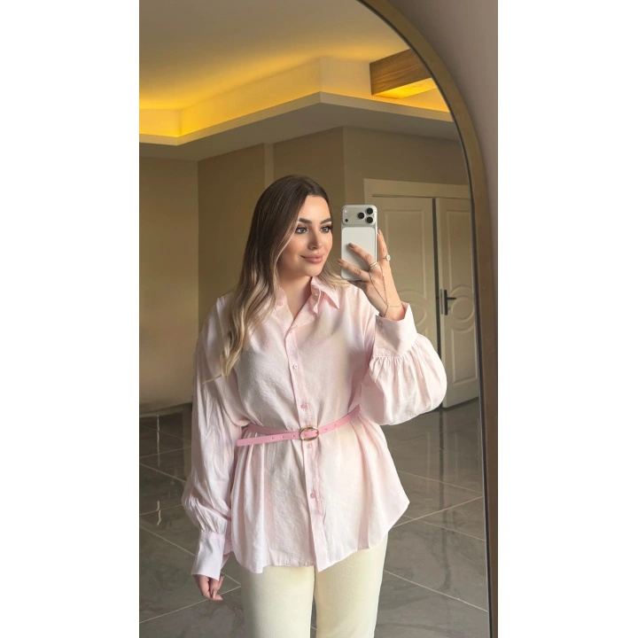 Toz Pembe Kemerli Modal Gömlek